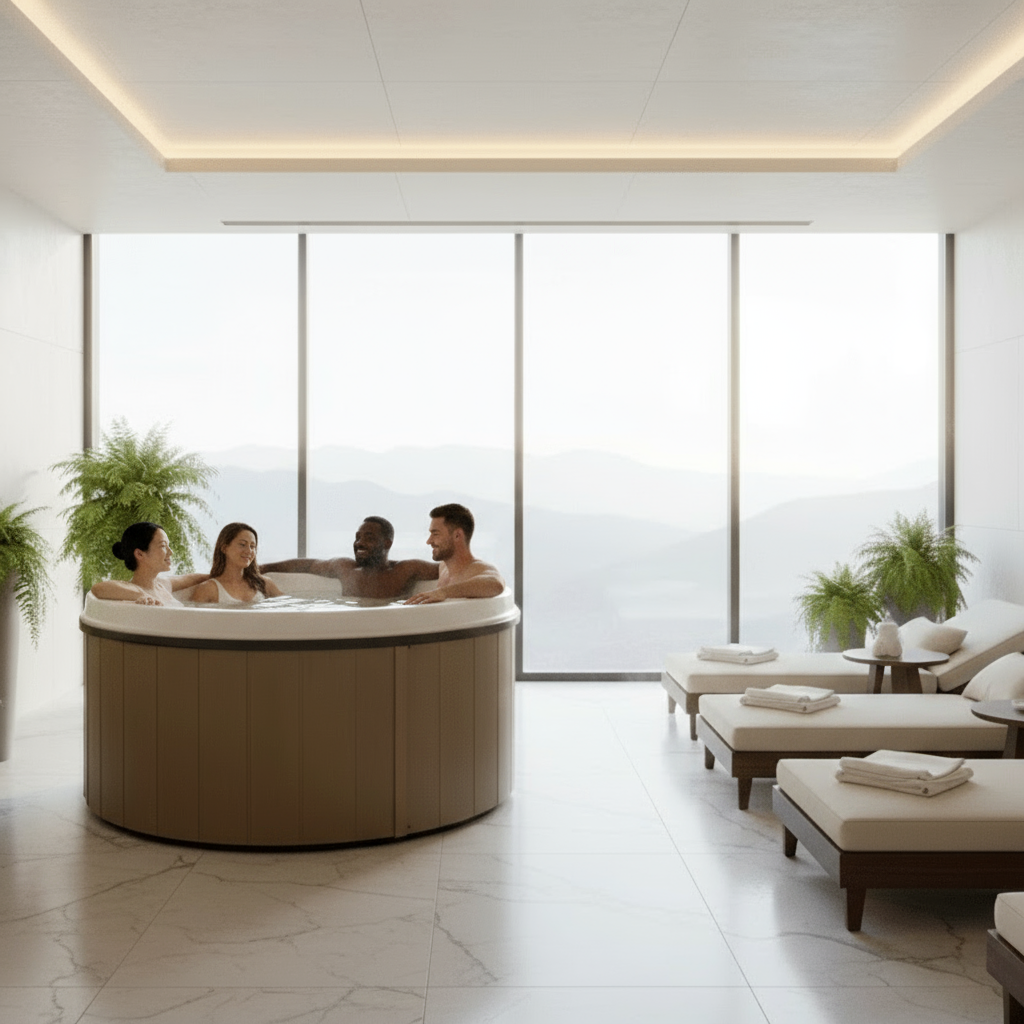 102 Plug N' Play Spa at a spa being enjoyed by friends